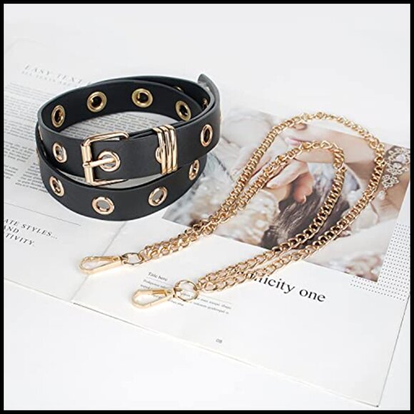 PU Leather Grommet Belt with Detachable Chain Punk Style Waist main image 5